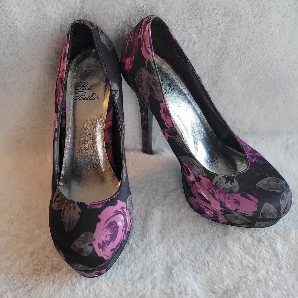 Purple and Black Floral High Heels